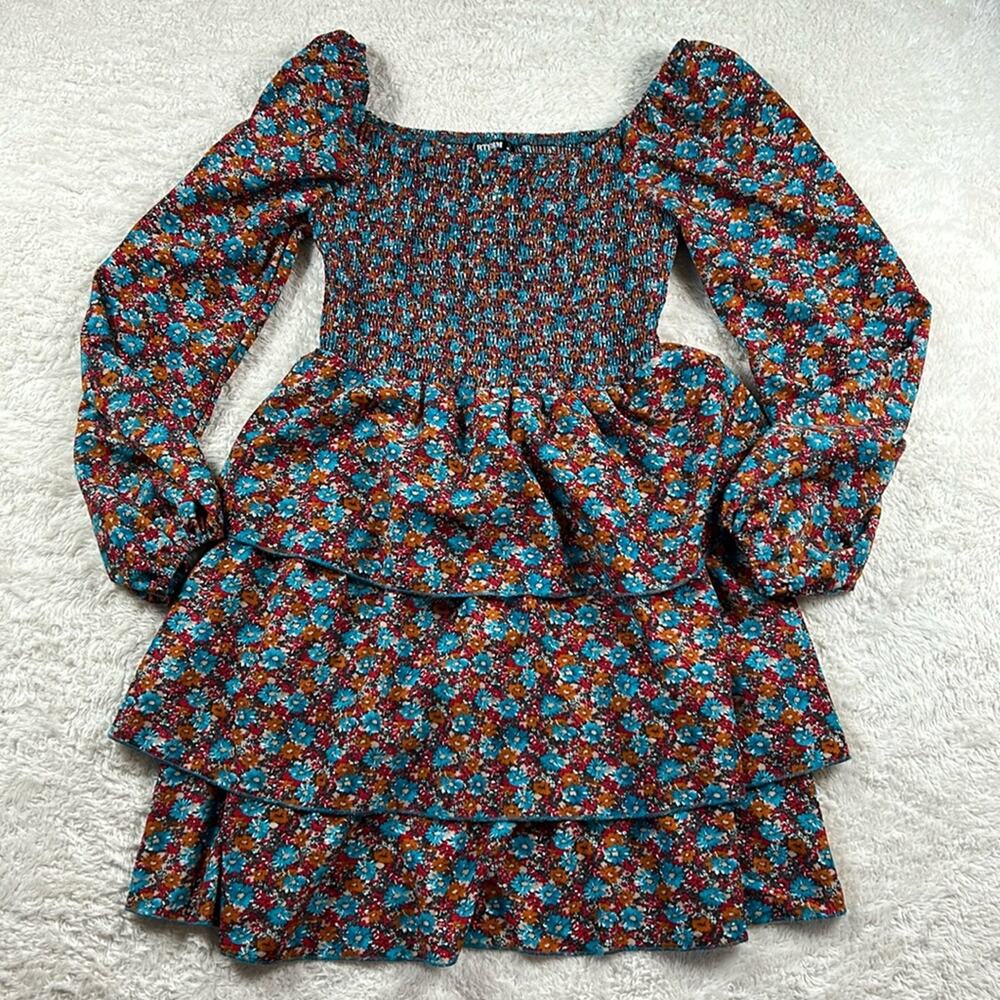 BTFBM floral print bishop sleeve smocked bodice tiered ruffle peasant dress, Med